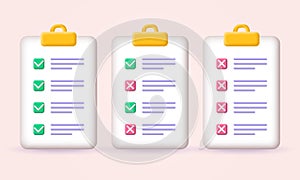 3d checklist icon set. Check list on clipboard with tick and cross marks. Task, document, paper or test concept.